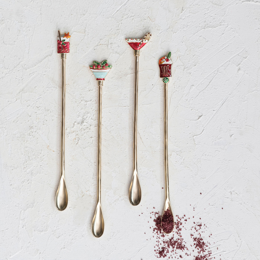 9” Long Zinc Alloy Cocktail Spoon with Enameled Beverage Icon Handle