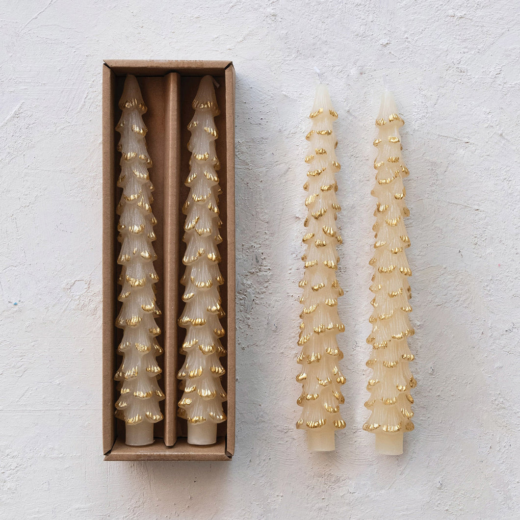 Unscented Tree Shaped Taper Candles in Box , Eggnog Color, Set of 2