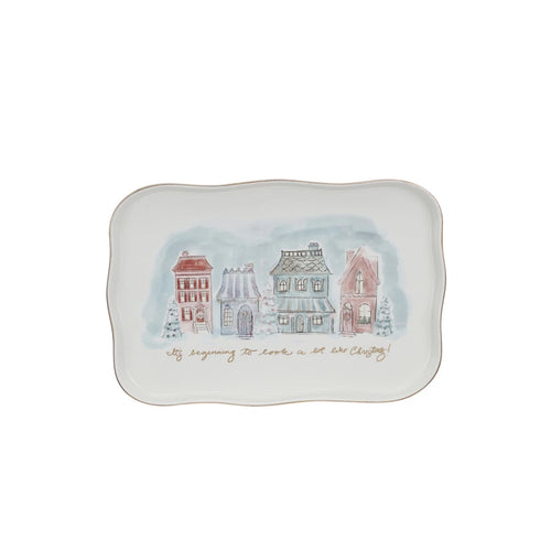 Stoneware Platter with Village Christmas Scene and Gold Electroplating