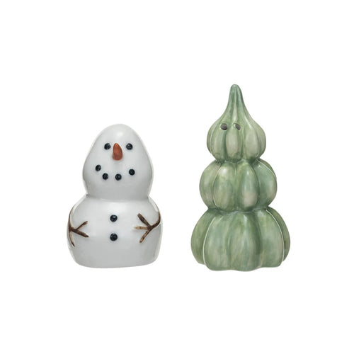 Stoneware Salt and Pepper Snowman and Tree Shakers
