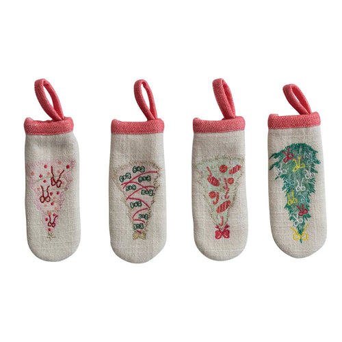 Slub Printed Pot Handle Cover with Embroidered Christmas Tree