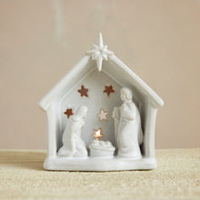 Stoneware Holy Family Tealight Holder with Star Cut-outs in White