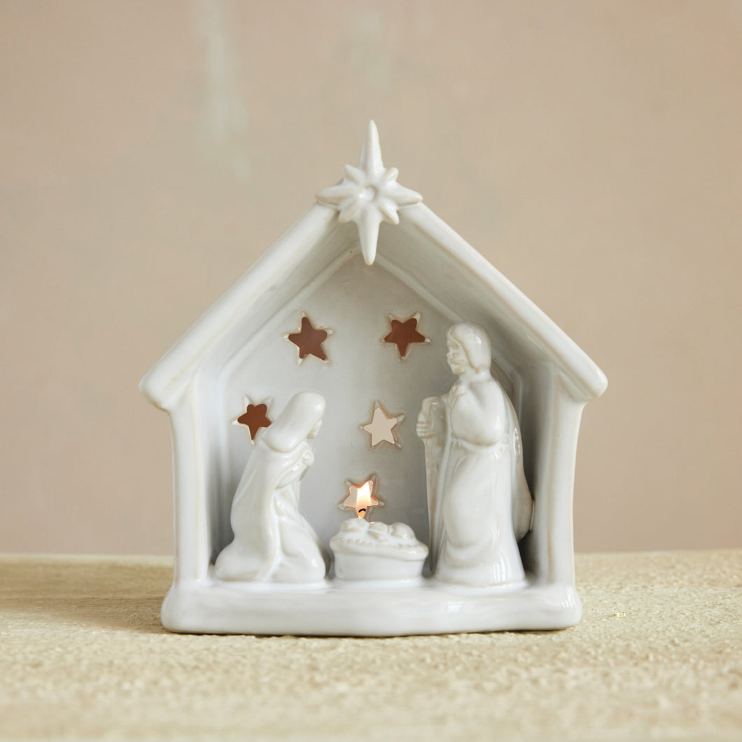 Stoneware Holy Family Tealight Holder with Star Cut-outs in White
