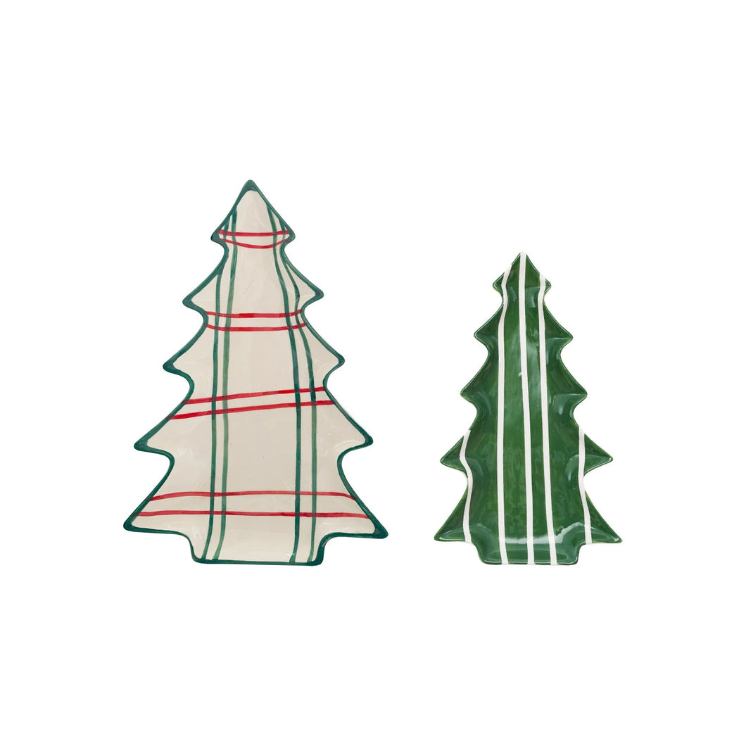 Hand-Painted Ceramic Tree Shaped Plates with Stripe Patterns, Set of 2