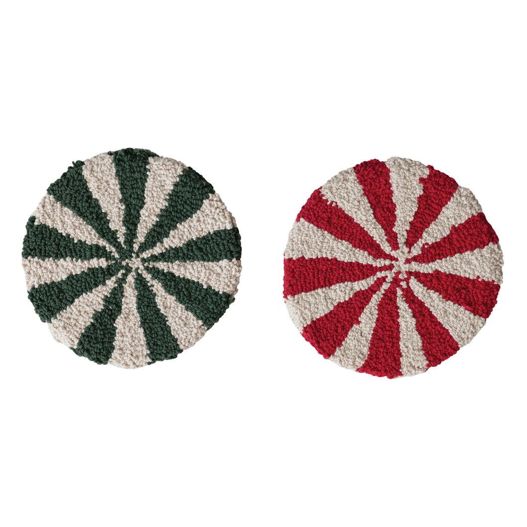 8” Round Cotton Tufted Candy Striped Trivet, Green or Red
