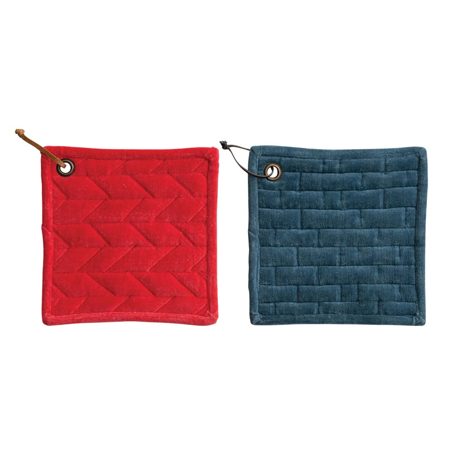 Quilted Cotton Velvet Pot Holder with Leather Loop