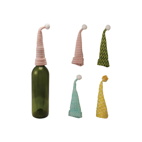 8” Knit Fabric & Wire Hat Bottle Topper with Pom Pom