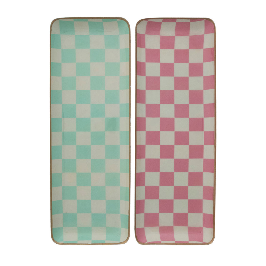 Enameled Metal Tray with Check Pattern & Gold Edges, 2 Colors