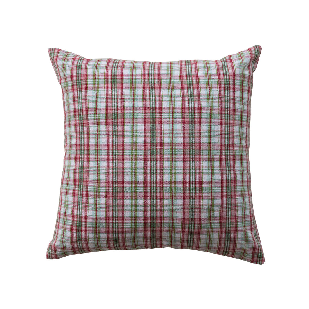 18” Square Woven Cotton Pillow with Plaid Pattern