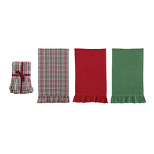 Woven Cotton Waffle Weave Tea Towel with Ruffle, Set of 3 Tied with Red Cotton Tape