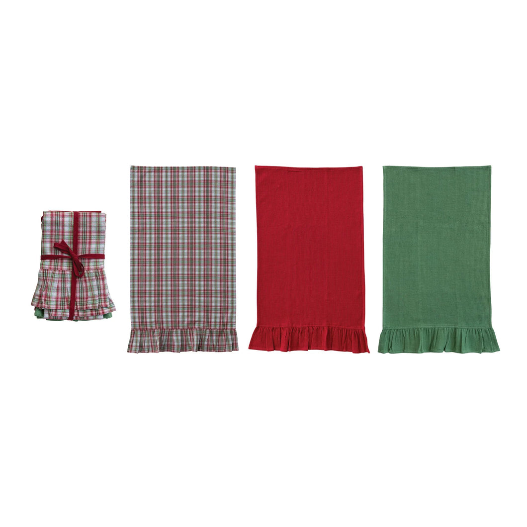 Woven Cotton Waffle Weave Tea Towel with Ruffle, Set of 3 Tied with Red Cotton Tape
