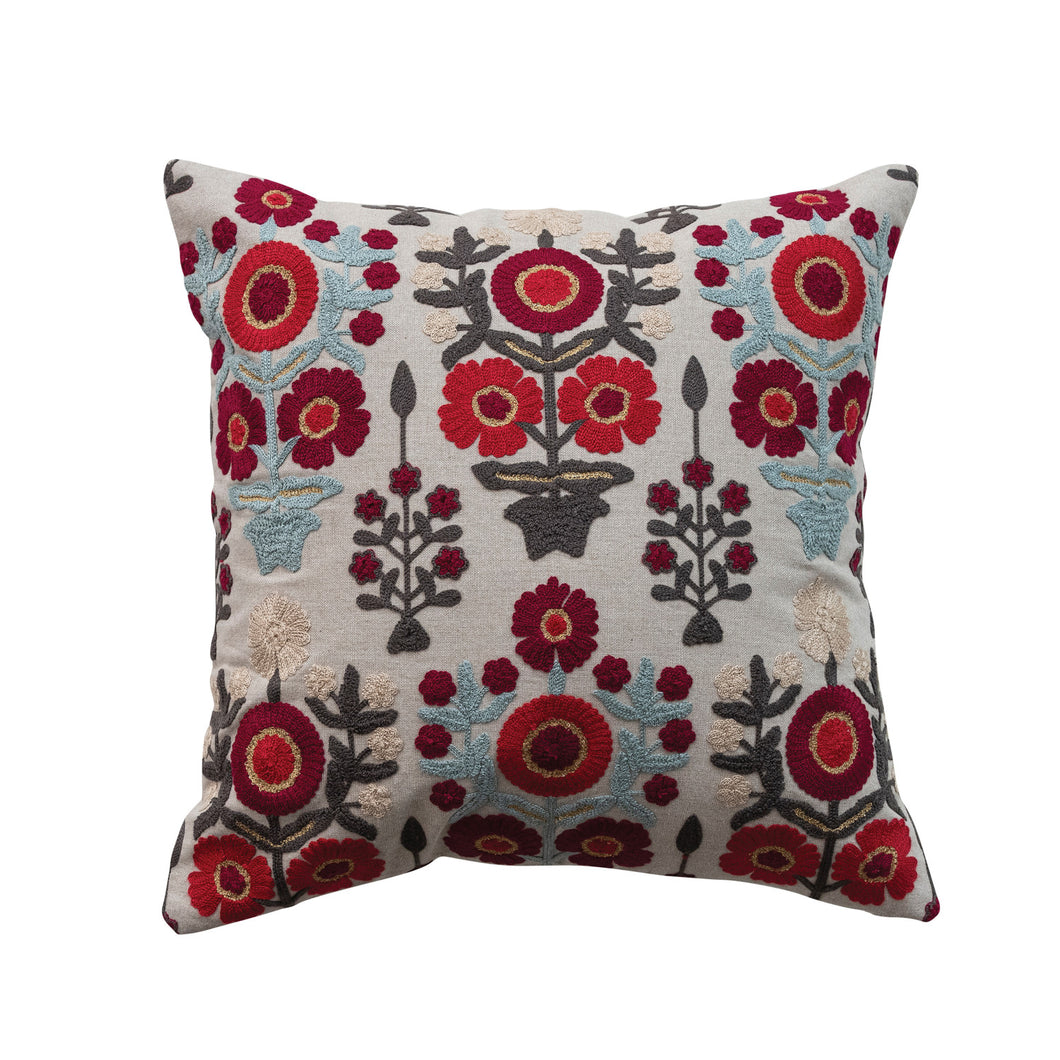 18” Square Cotton Chambray Pillow with Embroidered Floral Pattern