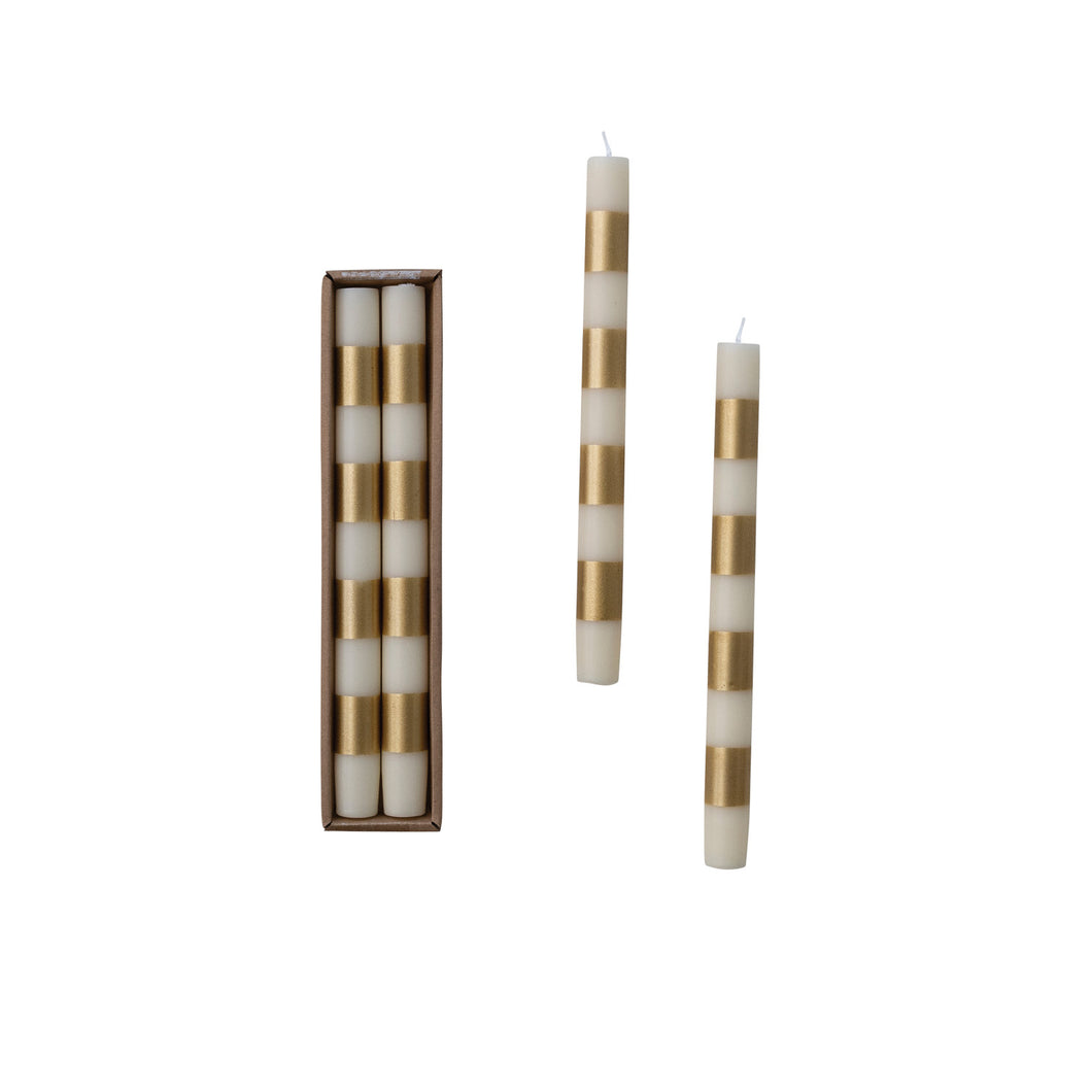 Unscented Taper Candles with Stripes in Box, Cream & Gold Color, Set of 2