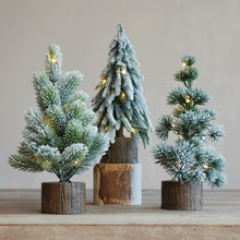 Tree with Faux Wood Slice Base & LED Light with Snow Finish in 3 Styles