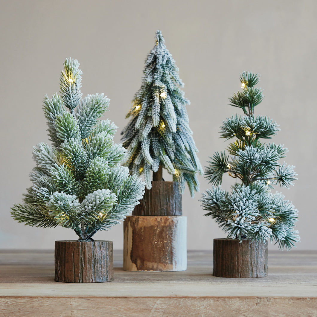 Tree with Faux Wood Slice Base & LED Light with Snow Finish in 3 Styles