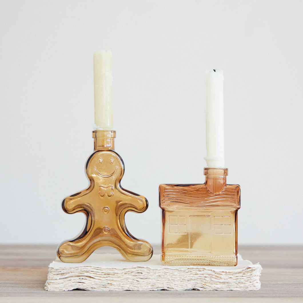 Glass Gingerbread Shaped Taper Holder/Vase in Brown
