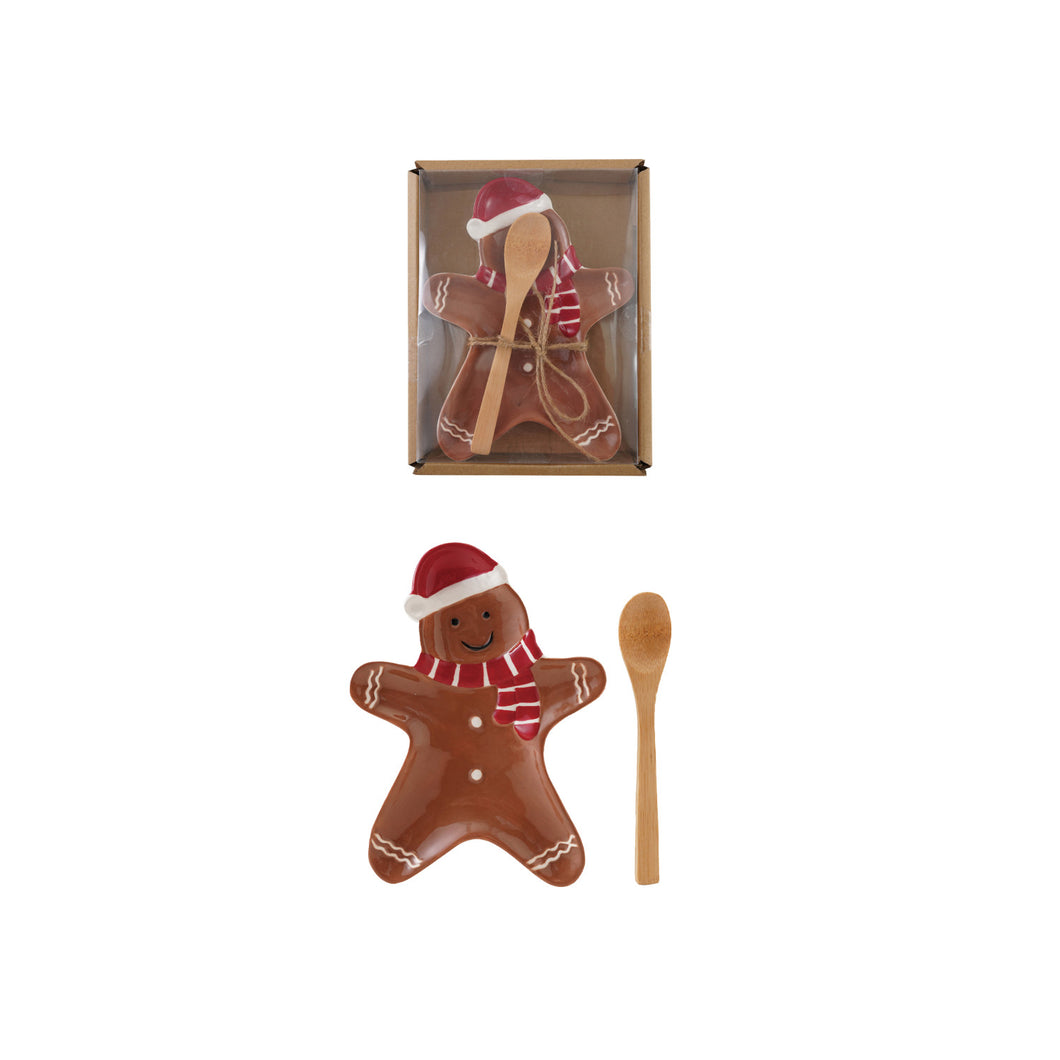 Ceramic Gingerbread Man Shaped Plate with Bamboo Spoon