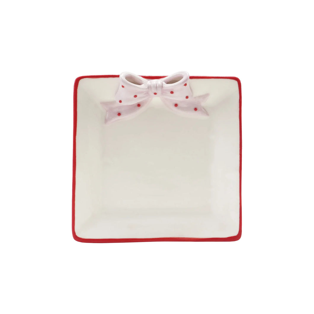 Hand-Painted Stoneware Dish with 3D Polka Dot Bow & Colored Edge in White