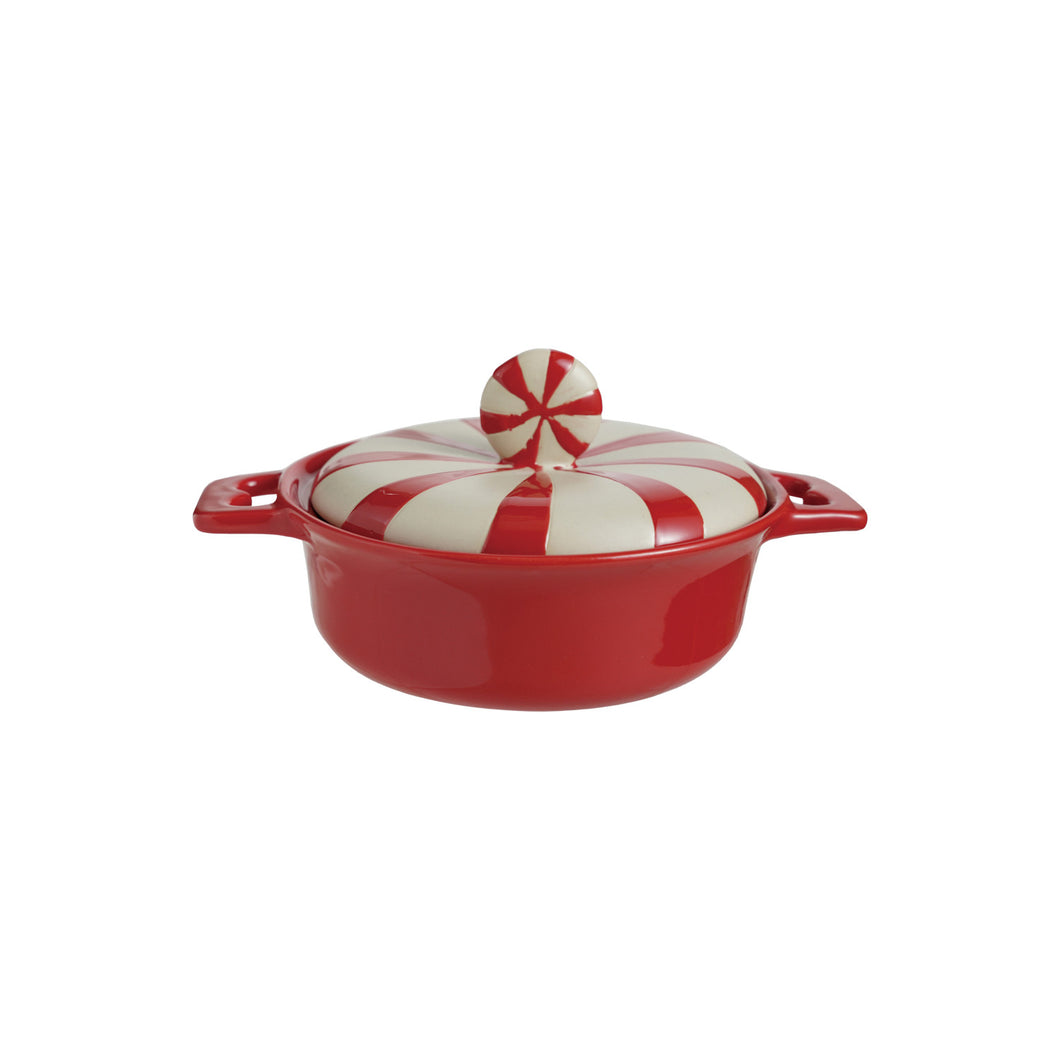 2 Cup Stoneware Baker with Candy Lid & Handle, Red and White