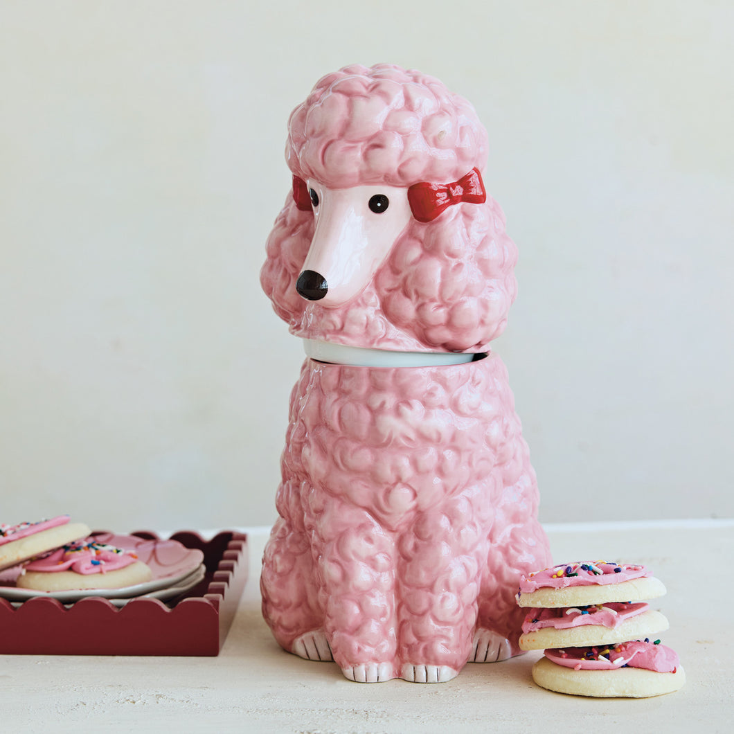 Ceramic Poodle Shaped Cookie Jar with Bows in Pink, Red & Black