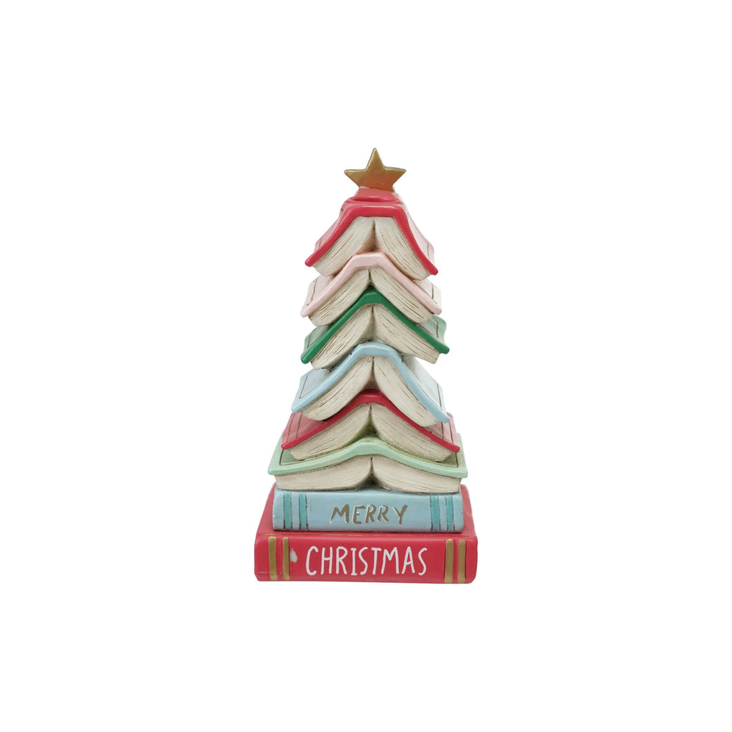 Resin Stacked Book Tree Shaped Taper holder with Star “Merry Christmas”