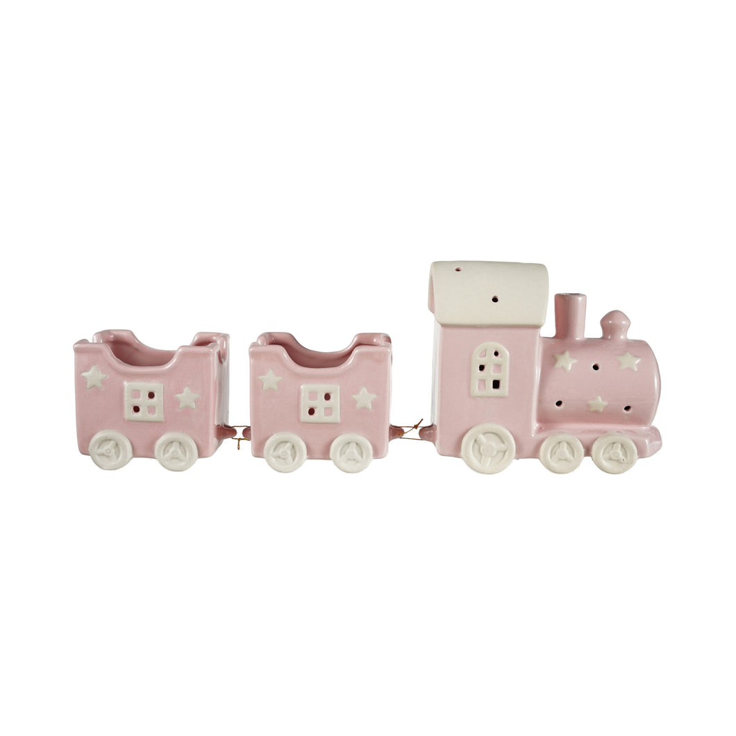Hand-Painted Embossed Stoneware Train with Stars & 2 Containers, Pink & White