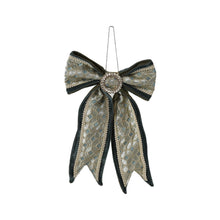 Oversized Velvet & Jacquard Fabric Bow Ornament with Jewels, Blue and Cream Color