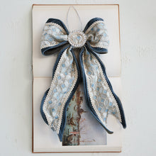 Oversized Velvet & Jacquard Fabric Bow Ornament with Jewels, Blue and Cream Color
