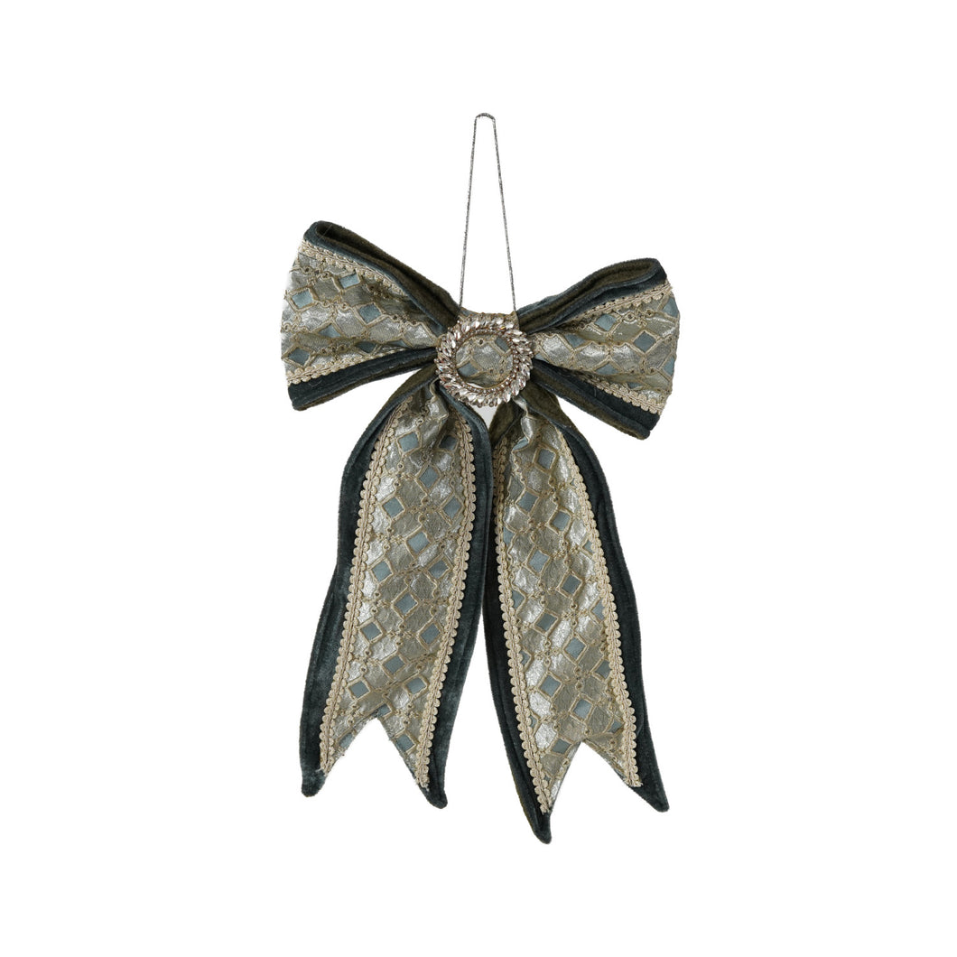 Oversized Velvet & Jacquard Fabric Bow Ornament with Jewels, Blue and Cream Color