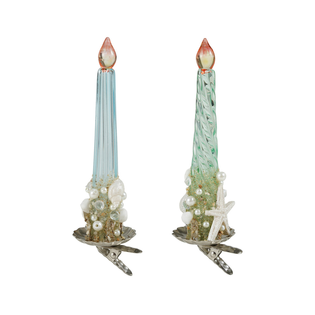 Glass Taper Candle Clip-on Ornament with Sand, Shells & Faux Pearls, 2 Styles