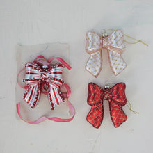 Hand-Painted Glass Candy Striped Bow Ornament with Beads, Red & White