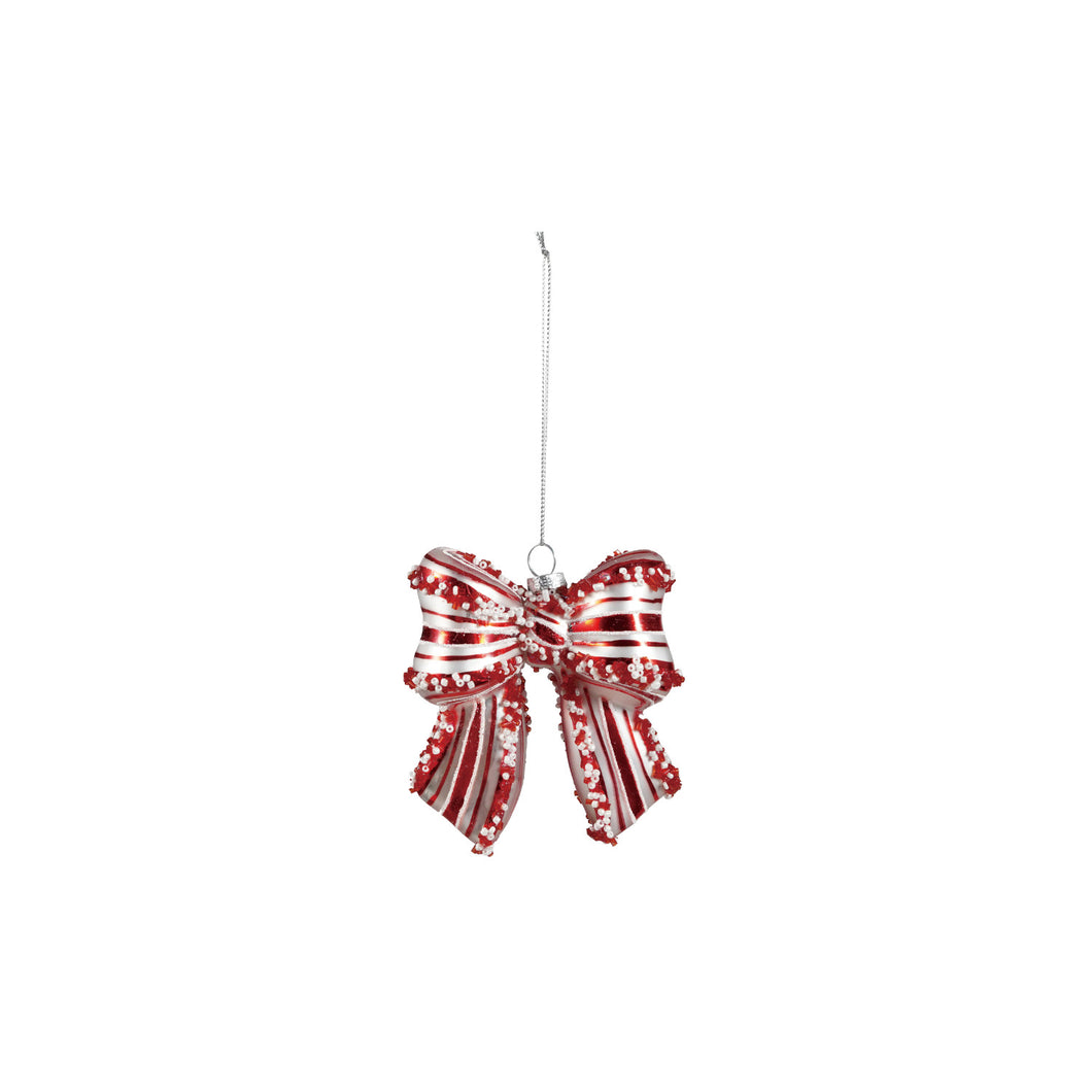 Hand-Painted Glass Candy Striped Bow Ornament with Beads, Red & White