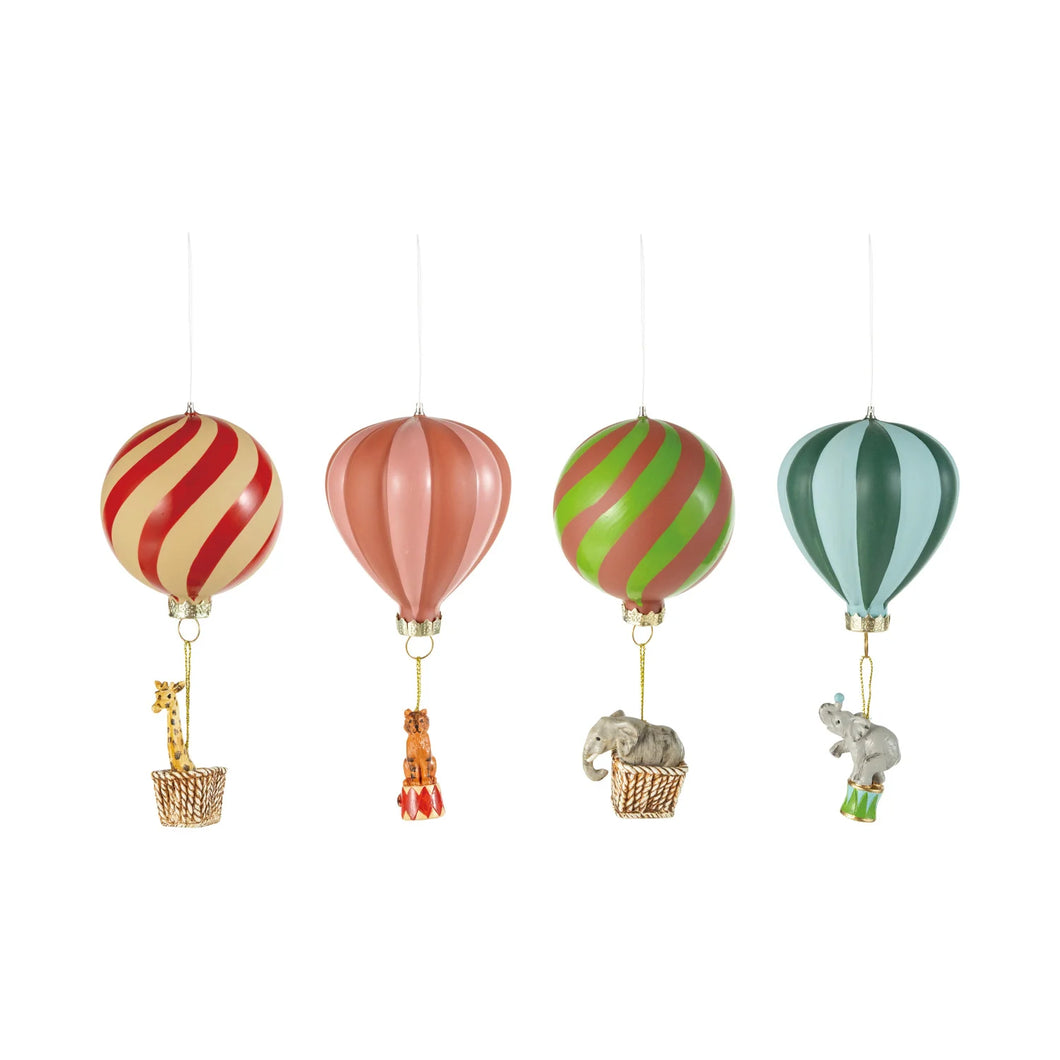 Hand-Painted Glass Striped Hot Air Balloon Ornament with Hanging Resin Animal