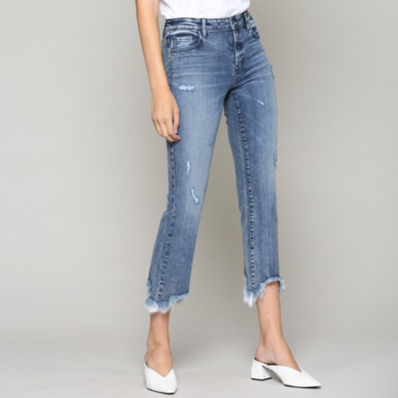 Happi Medium Wash Cropped Flare with Frayed Hem