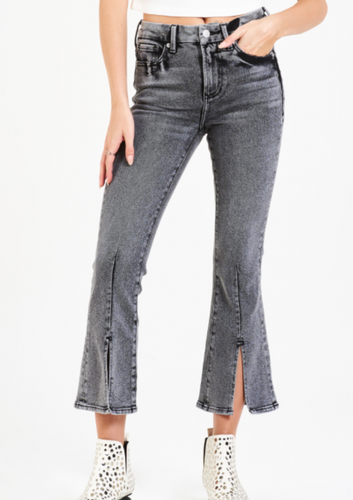 Jeanne Flare High Rise Crop Denim with Split Hem in Stanford